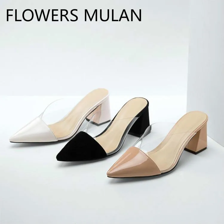 

Fashion New Designers Womens Mules Patchwork Suede Pointed Toe Transparent PVC Upper Slip On Slippers Women Chunky Heel Slides