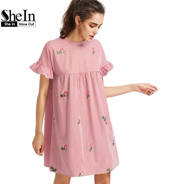 Shein галстук-бабочку вернуться жабо рукава вышитые полосатый babydoll dress лето симпатичные o шея короткая dress pink line dress