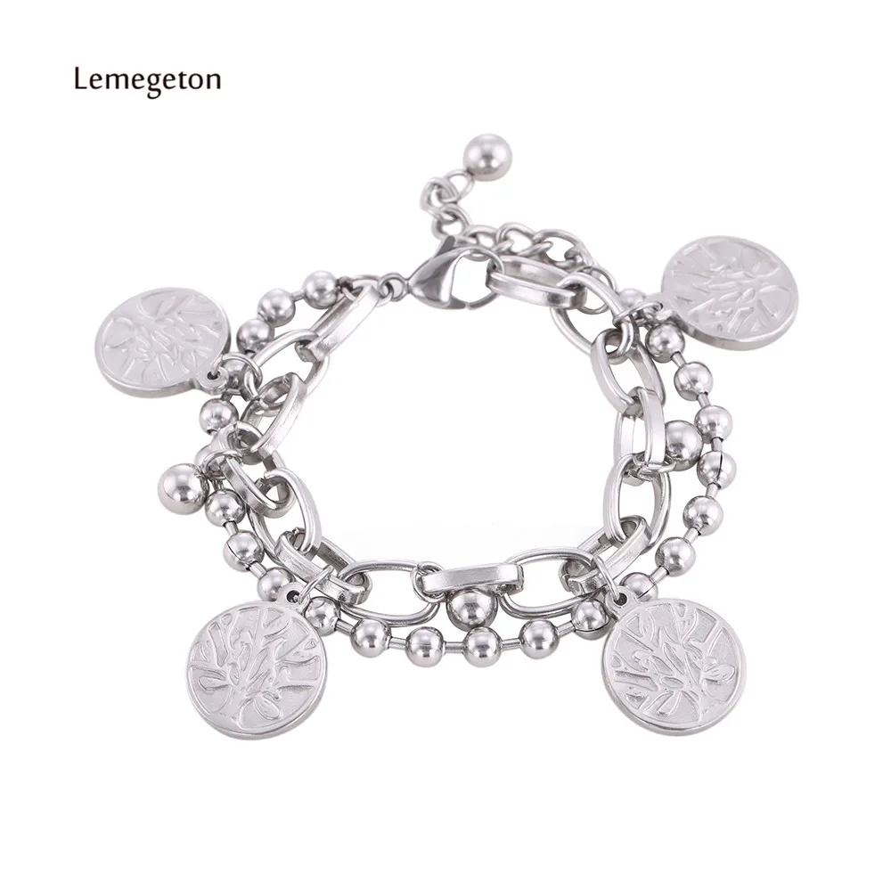 

Lemegeton Multiple Circular Tree Pattern Pendant Bracelet & Bangle Stainless steel Bracelet For Women Men Jewelry