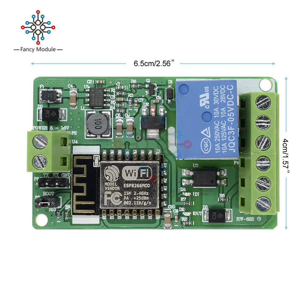 Зеленый релейный модуль ESP8266 10 А 220 В сетевое реле Wi Fi вход постоянного тока 7 ~ 30