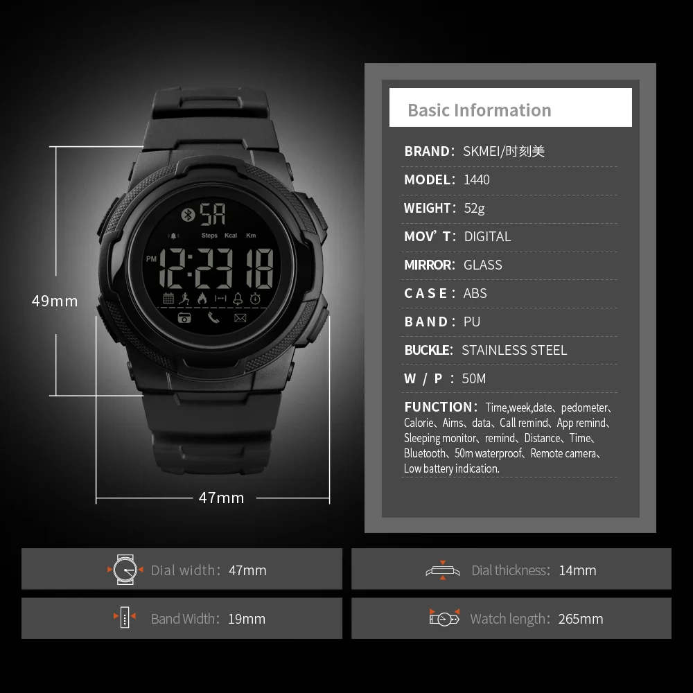 SKMEI, новинка, мужские спортивные часы, Bluetooth, Смарт, цифровые часы, мужские, s, топ, люксовый бренд, водонепроницаемые часы, Relogio Masculino 1440