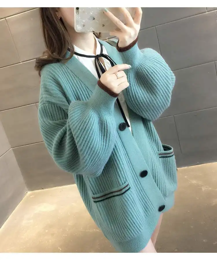 Синий Океанlove теплый кардиган-пальто Женские однотонные карманы Chaqueta Mujer однобортный v-образный вырез Повседневный женский свитер 12489 - Цвет: Синий