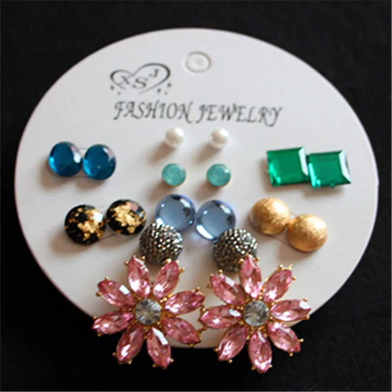 

New fashion women's jewelry wholesale girls birthday party pearl ear studs set pink mashup 9pairs /set earrings Free shipping