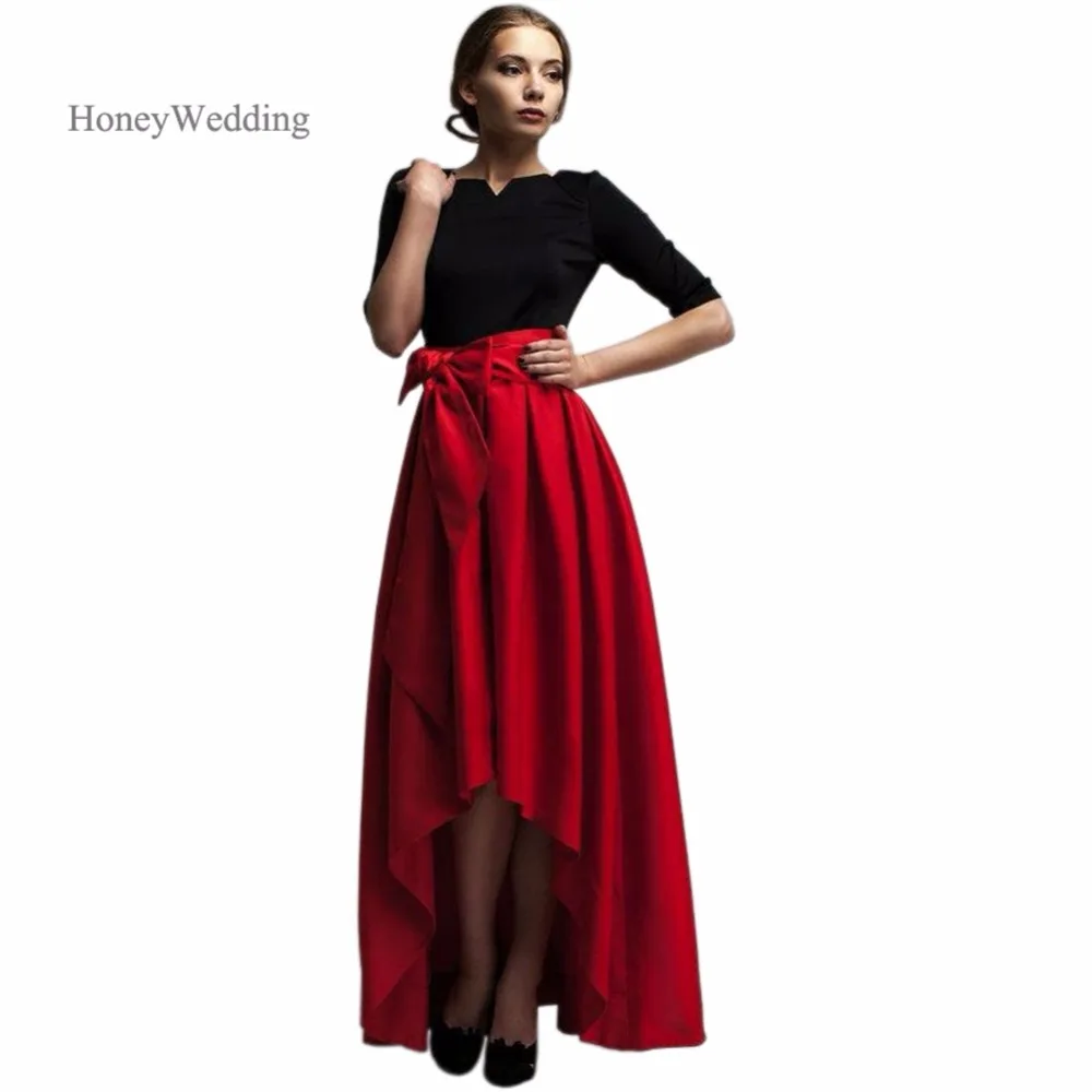 Fashion High Low Red Satin Womens Skirts Short Front Long Back Pleated