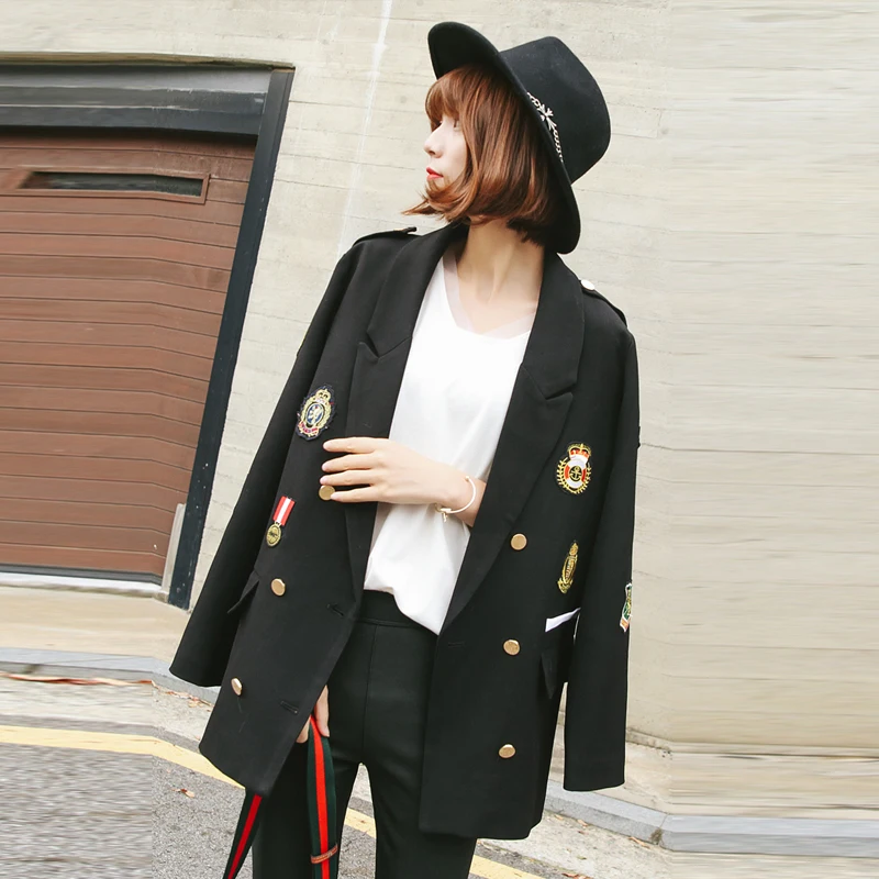 Korean Style 2018 New Spring Women Blazer Chic Badge Long Sleeve Casual Streetwear Blazer Loose Female Jacket Plus Size AO521