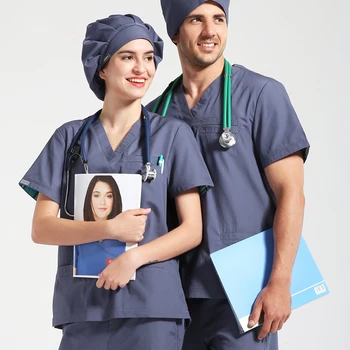 

Nurse Uniform Women Men Scrubs Set Medical Scrub Hospital Workwear Solid Color Infinity V Neck Dentist Doctor Nurses Uniforms
