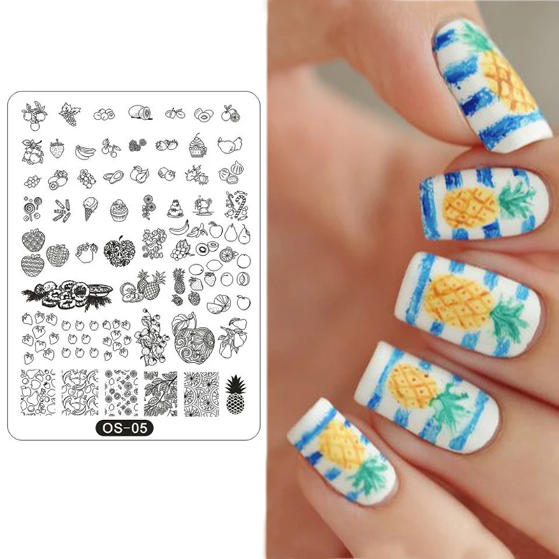 

New Beauty Fruit Series Pineapple Apple Strawberry Lemon Ice Cream Nail Art Stamping Template Stencil Tool for Manicure OS05