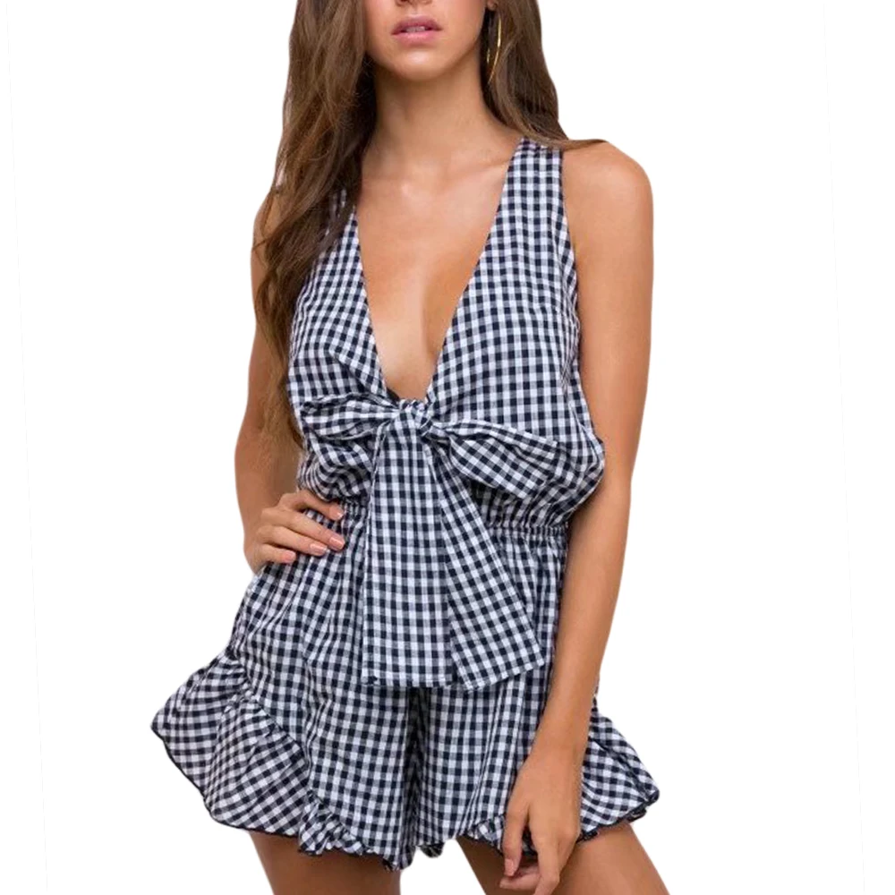 yuqung 2017 new deep v neck bow rompers plaid playsuit