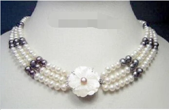

zj 00036 3 Rows Real White Black Pearl Shell Flower 18KWGP Clasp Necklace