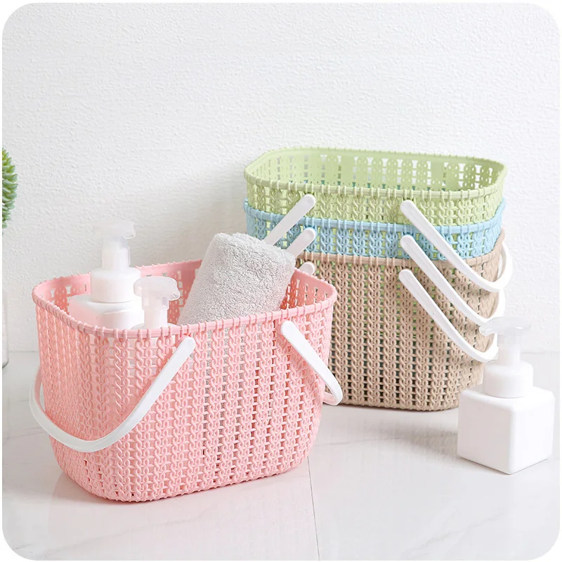 

News Plastic Weaving Rattan Office Basket Multifunctional Bathroom Shower Storage Basket Debris Storage Organizer With Handle