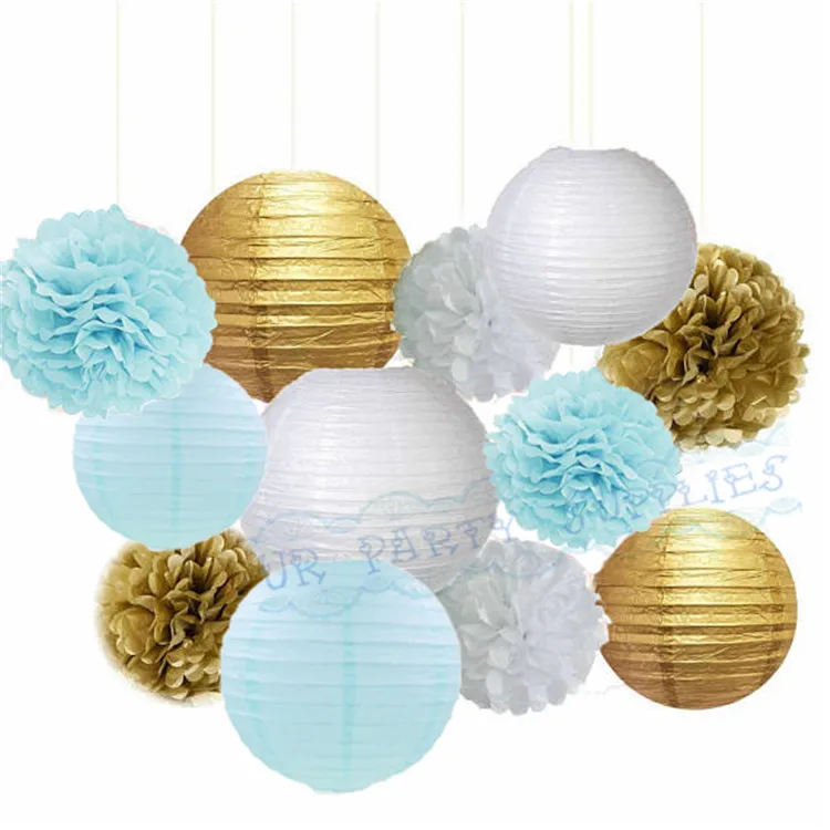 1 Set Baby Blue White Gold Tissue Paper Pom Pom Paper Lanterns for Frozen Themed Party Bridal Shower Boy Baby Shower Decoration