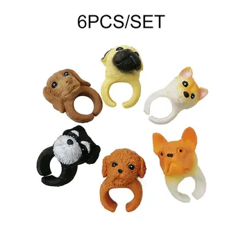 

6PCS Cartoon Children Kids Cute dog puppy Rings Adjustable Cartoon Animal Enamel Rings Girls boys Pretend Play Rings For Kids