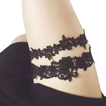 

2Pcs Wedding Bridal Leg Garters Solid Color Black/White Lace Flower Hollow Out Embroidered Stretchy Thigh Rings Rubber Band