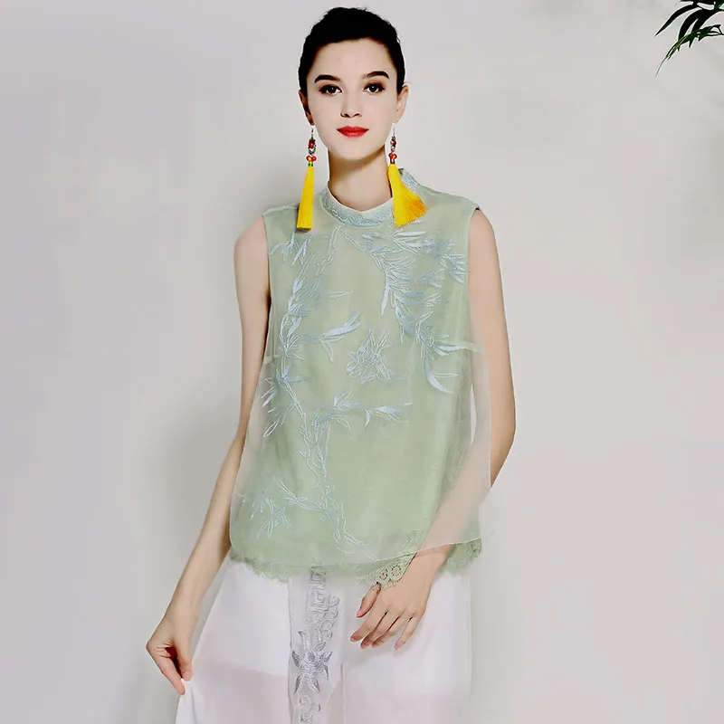

Women's blouse shirt spring and summer runway new retro folk embroidery silk organza ladies green shirt sleeveless top M-XL
