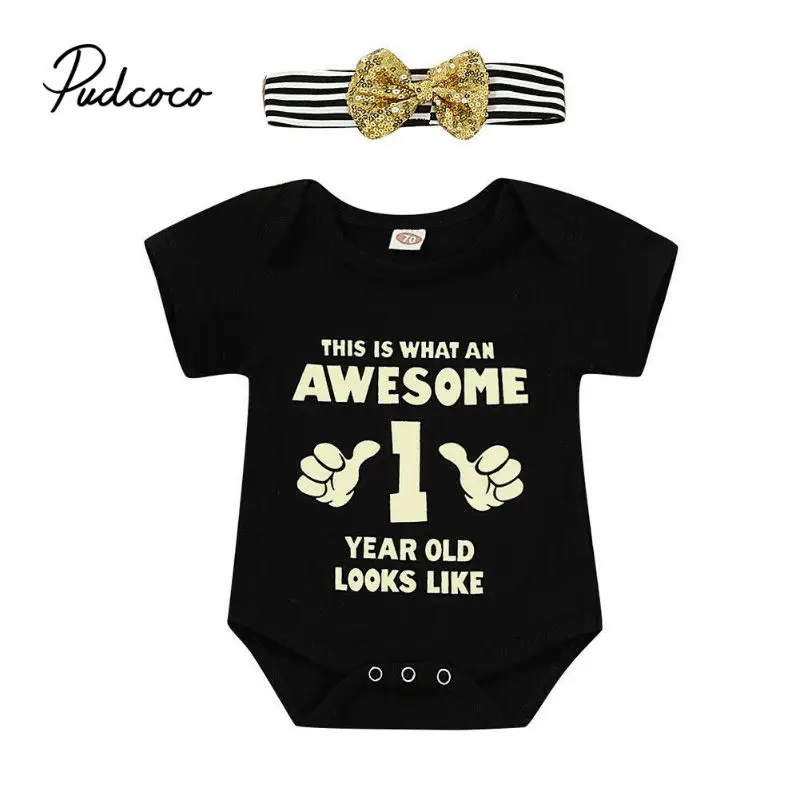 

pudcoco 2019 Baby Boys Clothes Newborn For Female Outfit Infant Clothing Set awesome Romper+Sequin Headband 1st Birthday 3-18M