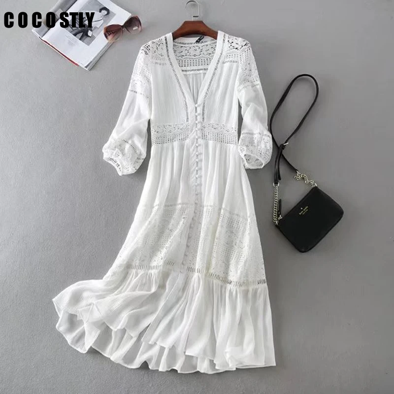 

2019 Summer Dress Women Long Tunic Beach Dress Sundress Long Sleeve White Lace Sexy Boho Maxi Dress vestidos