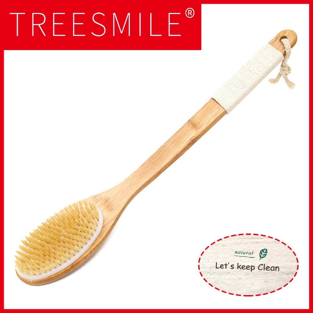 

TREESMILE new natural bristle curved brush body dry brush long handle bath brush massage back wash brush
