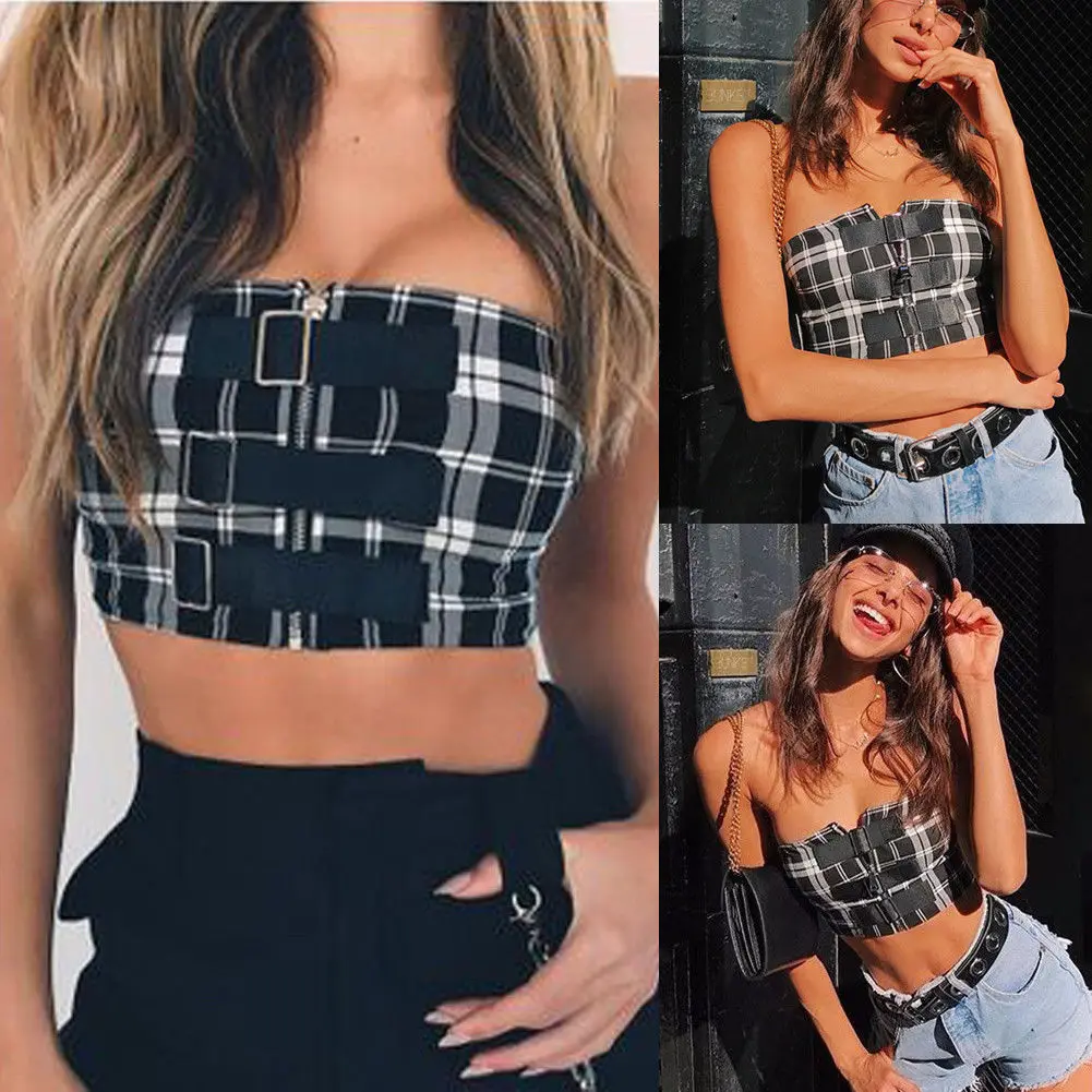Fashion Summer Women Crop Tank Tops Sleeveless Zipper Plaid Strapless Crop Tops Blouse Women