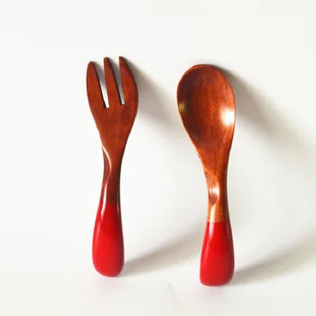 

New Kids Cutlery Wood Fork Spoon Set Curved Handle Red Black Baby Tableware Set 10pcs/lot