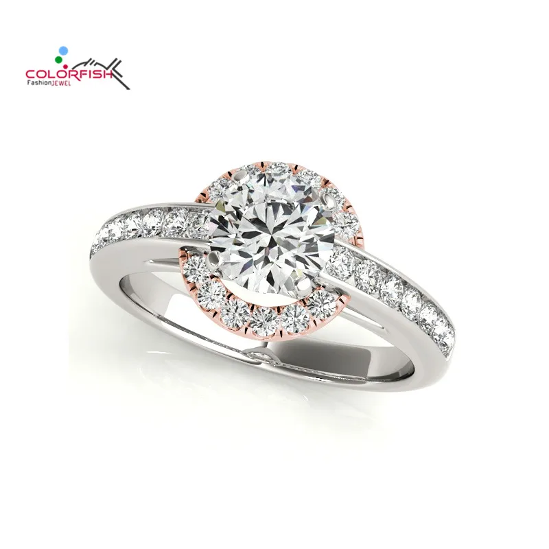 

COLORFISH Two Tone Halo Engagement Ring Rose Gold Color Sterling Silver 925 Wedding Promise Ring 0.7 ct Round Cut Women Jewelry