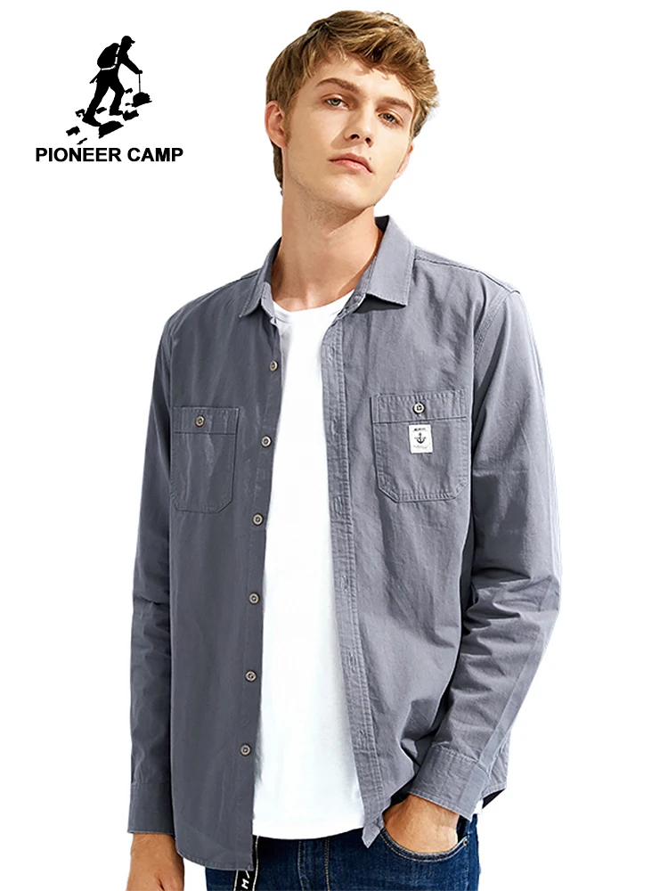 

Pioneer Camp new arrival solid casual shirt men brand clothing 100% cotton social shirt male top quality blue grey ACC701323