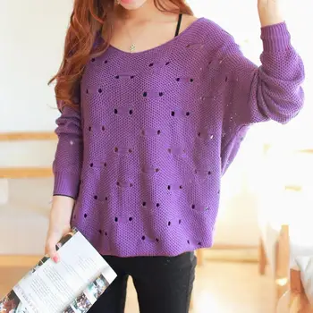 

Discount during the spring and autumn outfit new round collar loose bat sleeve hollow hole knitting a sweater