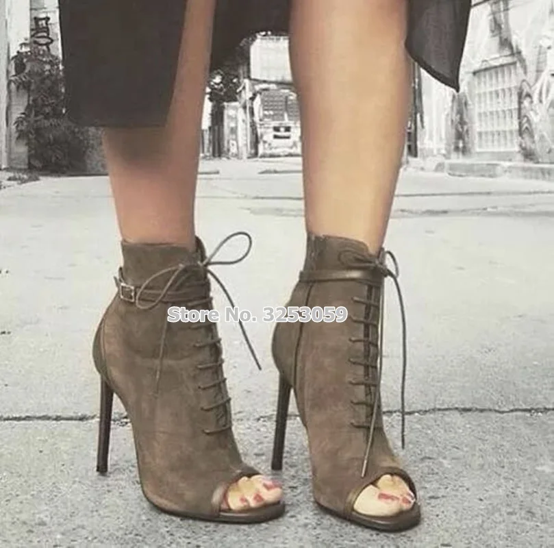 

ALMUDENA Sexy Coffee Suede Ankle Boots Stiletto Heel Spring Autumn Lace-up Peep Toe Motorcycle Boots Banquet Shoes Dress Booties