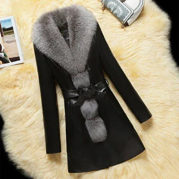 

Women Spring Leather Faux Fur Coat Plus Size Long Jacket Female Casual Faux Fox Parkas Coats Fur Collar Outerwear 4XL Overcoat