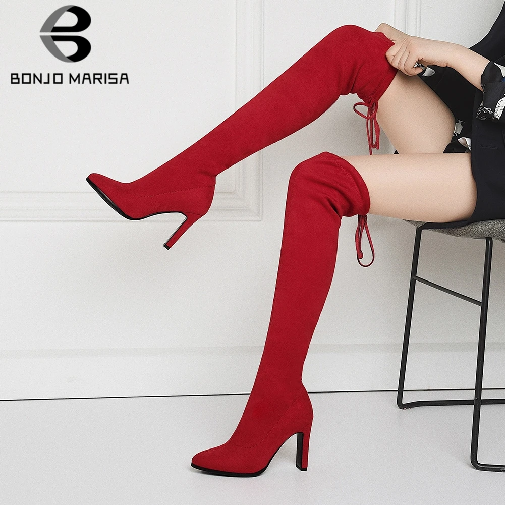 

BONJOMARISA women's Over The Knee Boots Stretch Flock Top Quality Over The Knee Boots Thin High Heels Boots Woman Size 34-43