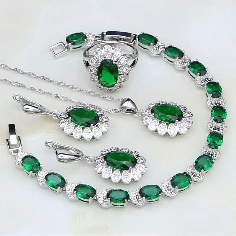 925 Silver Jewelry Green Rhinestone White CZ Costume Jewelry Sets For