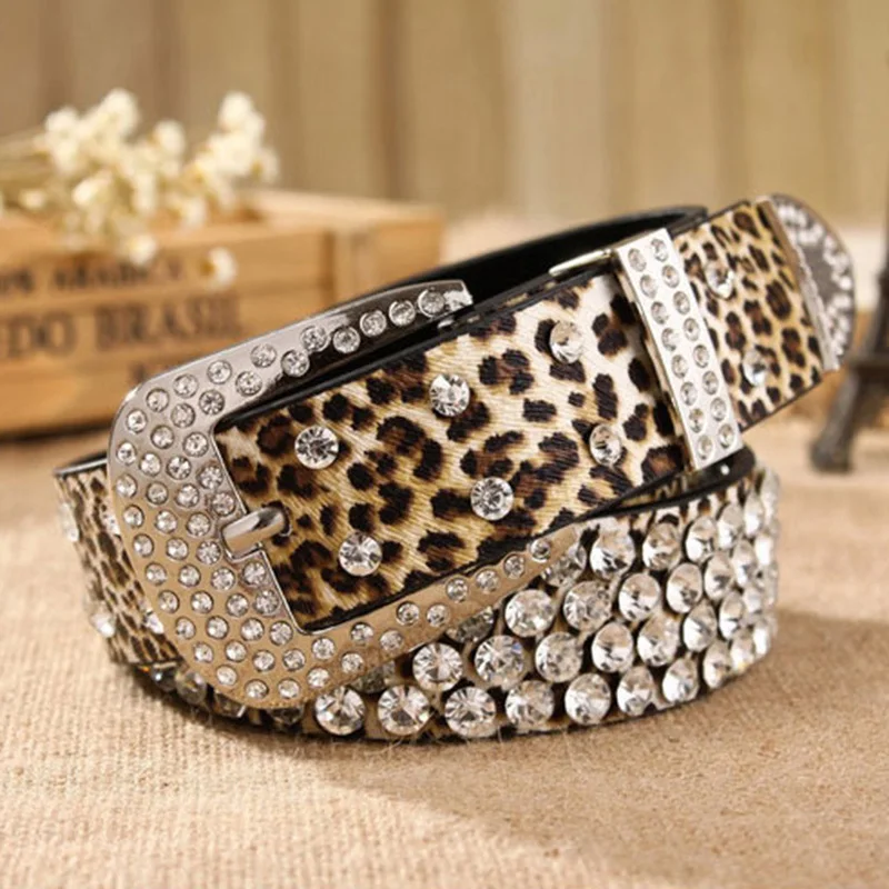 

2015 retail women's belt of leopard pattern, leather rhinestone studded belt rivet strap tail belts for women 3.3cm width