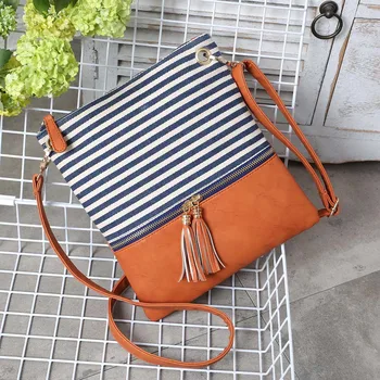 

Fashion Women Casual Canvas Striped Stitching Tassel Messenger Bag Messenger Bag High Quality Retro Shoulder Bag