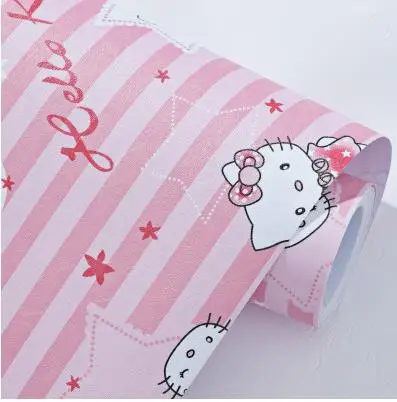 Merah Muda Hellokitty Kucing Stripe Perekat Tahan Air Wallpaper