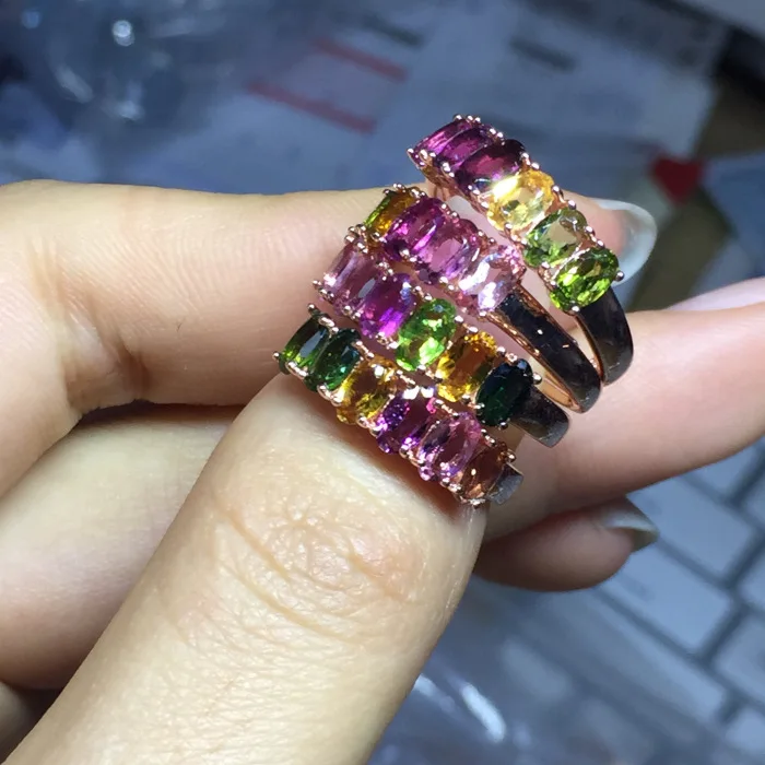 

Natural Tourmaline Multi-color Stone Ring Women Pure Solid 925 Sterling Silver Band Elegant Sweet Lady Jewelry Free Box Gift