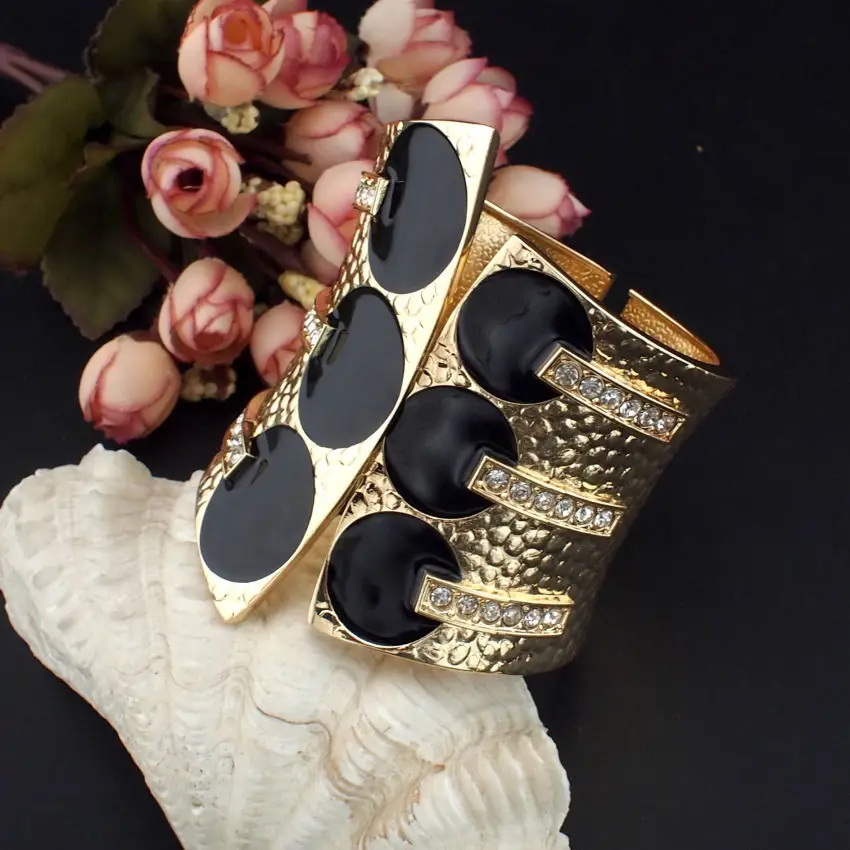 MANILAI Female Fashion Exaggerate Cuff Bangles Metal Black Glaze Rhinestones Women Statement Jewelry Big Bangles Bracelets