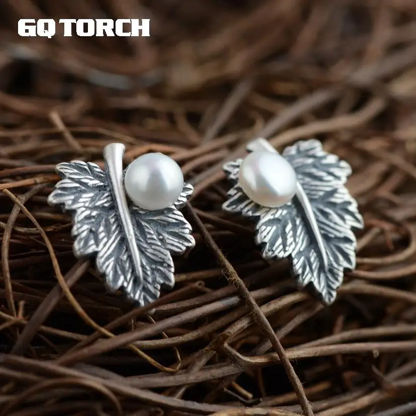 

GQTORCH Thai Silver Stud Earrings For Women 925 Sterling Silver Leaves WIth Natural Freshwater Pearl Boucle D'oreille Femme 2017