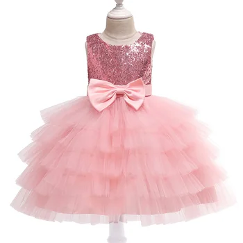 

2019 Baby Girls Bow Sequins Ball Grown Dresses Party Layered Tulles Princess Dress Toddler Kids Clothes Wedding Girl Dress 3-8T