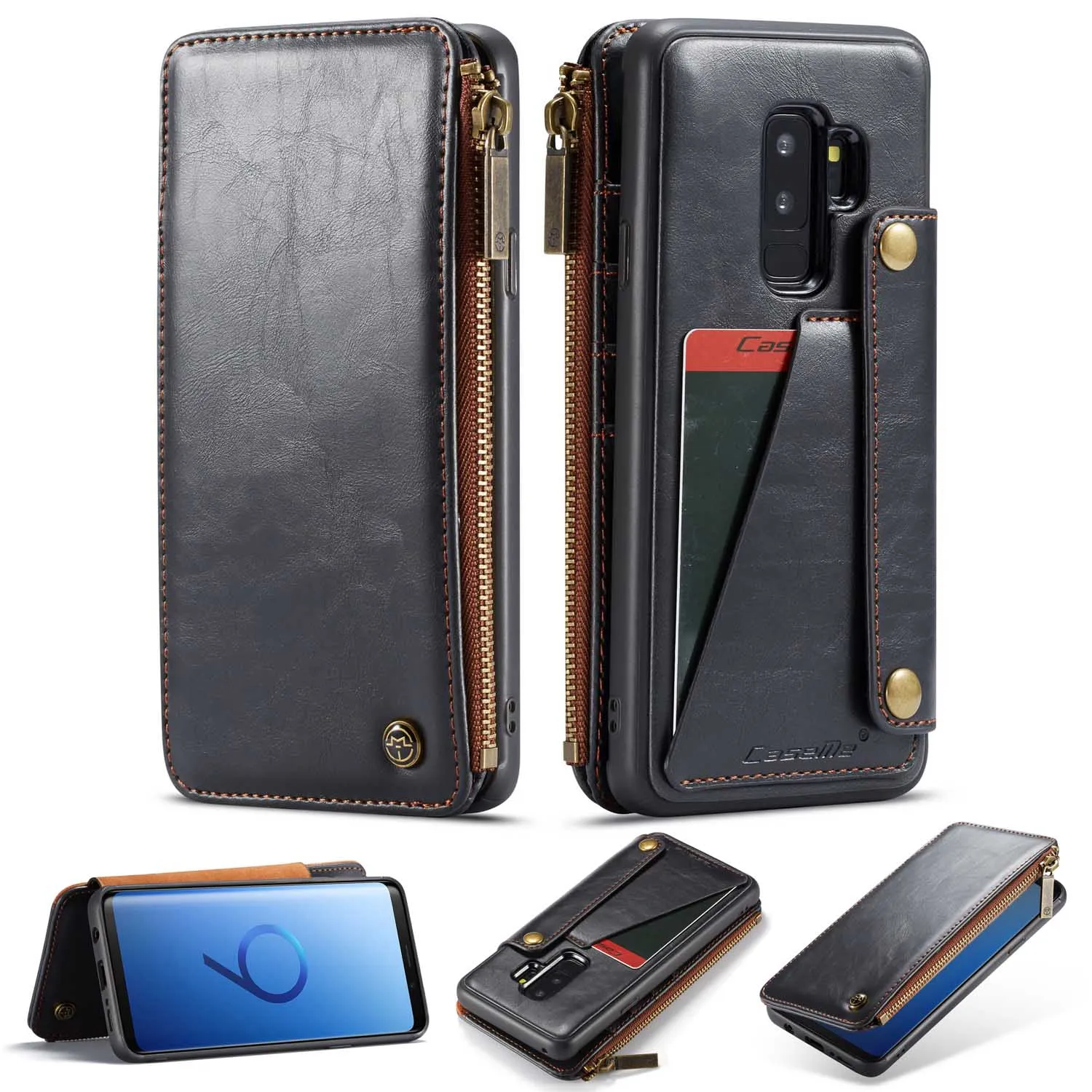 Съемный кожаный чехол-бумажник для samsung Galaxy S9 Plus, карман на молнии, отделение для кредитных карт, чехол для samsung S9 Plus, чехол - Цвет: black