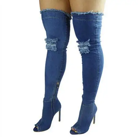 Hot Fashion Spring Summer Women Boots Blue Denim Over The Knee Thigh High Boots Open Toe High Heels Hole Shoes Woman Botas Mujer (20)