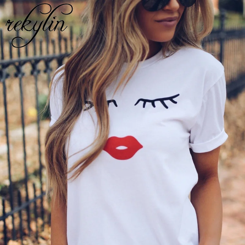 2019 رمش أحمر شفاه بلايز طباعة خطابات الإناث تي شيرت زائد حجم الصيف المحملة قميص فام المتناثرة قميص المرأة قمم XS-4XL