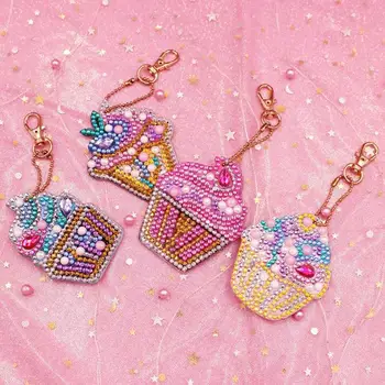 

4pcs DIY 5D Diamond Painting Cartoon Ice Cream Rhinestone Embroidery Keychain Colorful Cake Diamond Embroidery Kit Gift