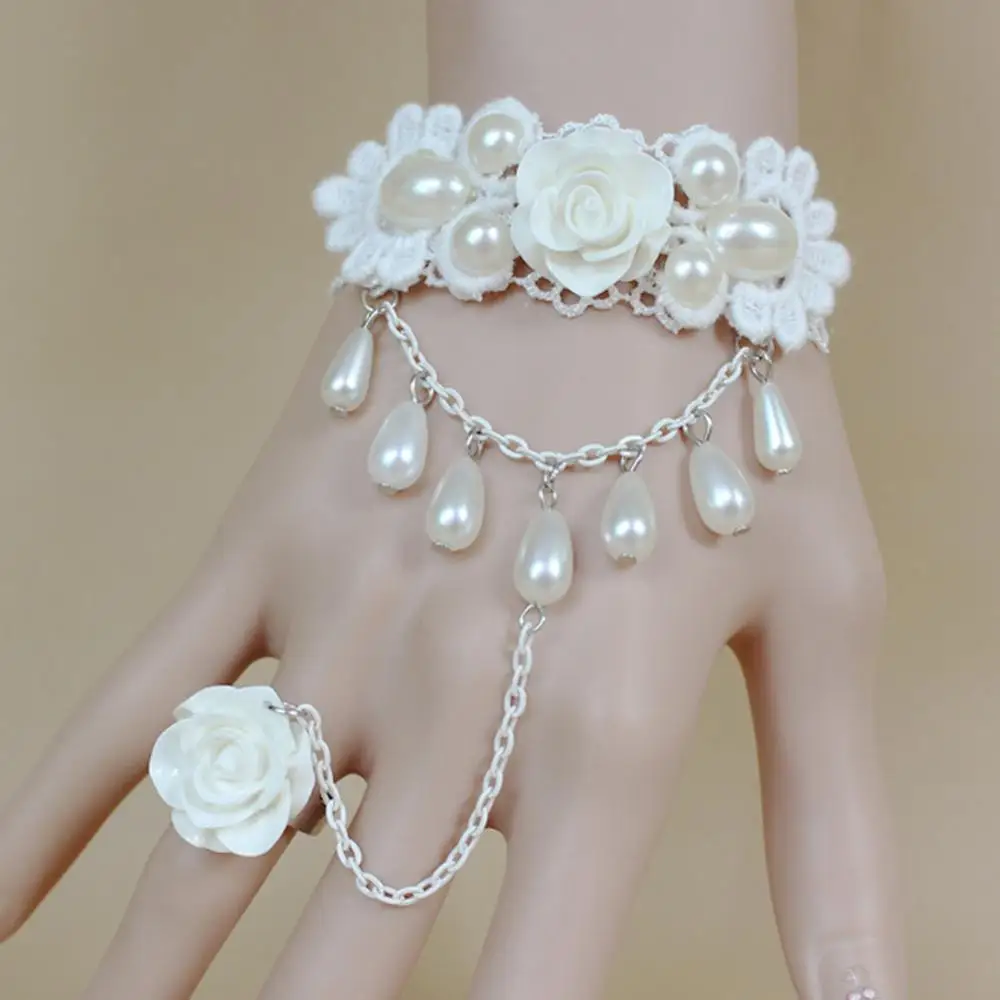 

Gothic Charm Bracelets Imitation Pearls Tassel Chains Bracelets For Bride Wedding White Rose Hollow Lace Wristband Party Jewelry