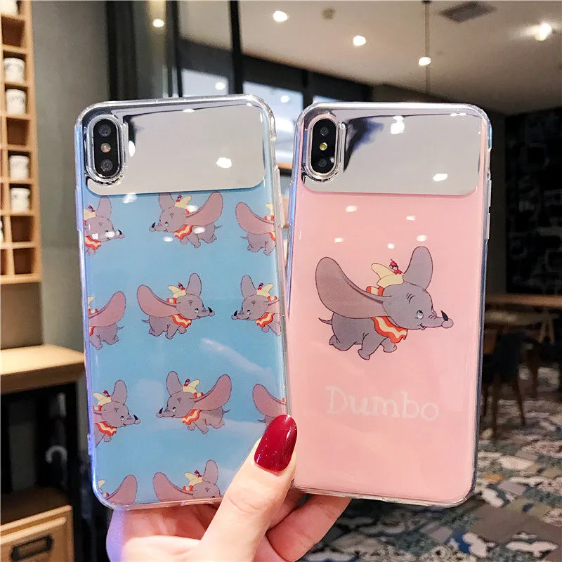 Laser edge mirror face cute Cartoon Dumbo soft shell Pink blue phone Case For Apple iphone 6 6s 7 8 Plus X XS XR MAX epoxy |