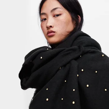

[BQACCES] 2018 Winter Thick Warm Cashmere Like Scarves Women Black Color Acrylic Wool Scarf With Pearl Female Brand Shawl Wraps