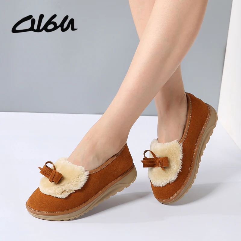 

O16U Women Winter Snow Flats Shoes Fur Sue Leather Slip on Ladies cute Shoes Platform Knot Round Toe Female Fur Loafers Winter
