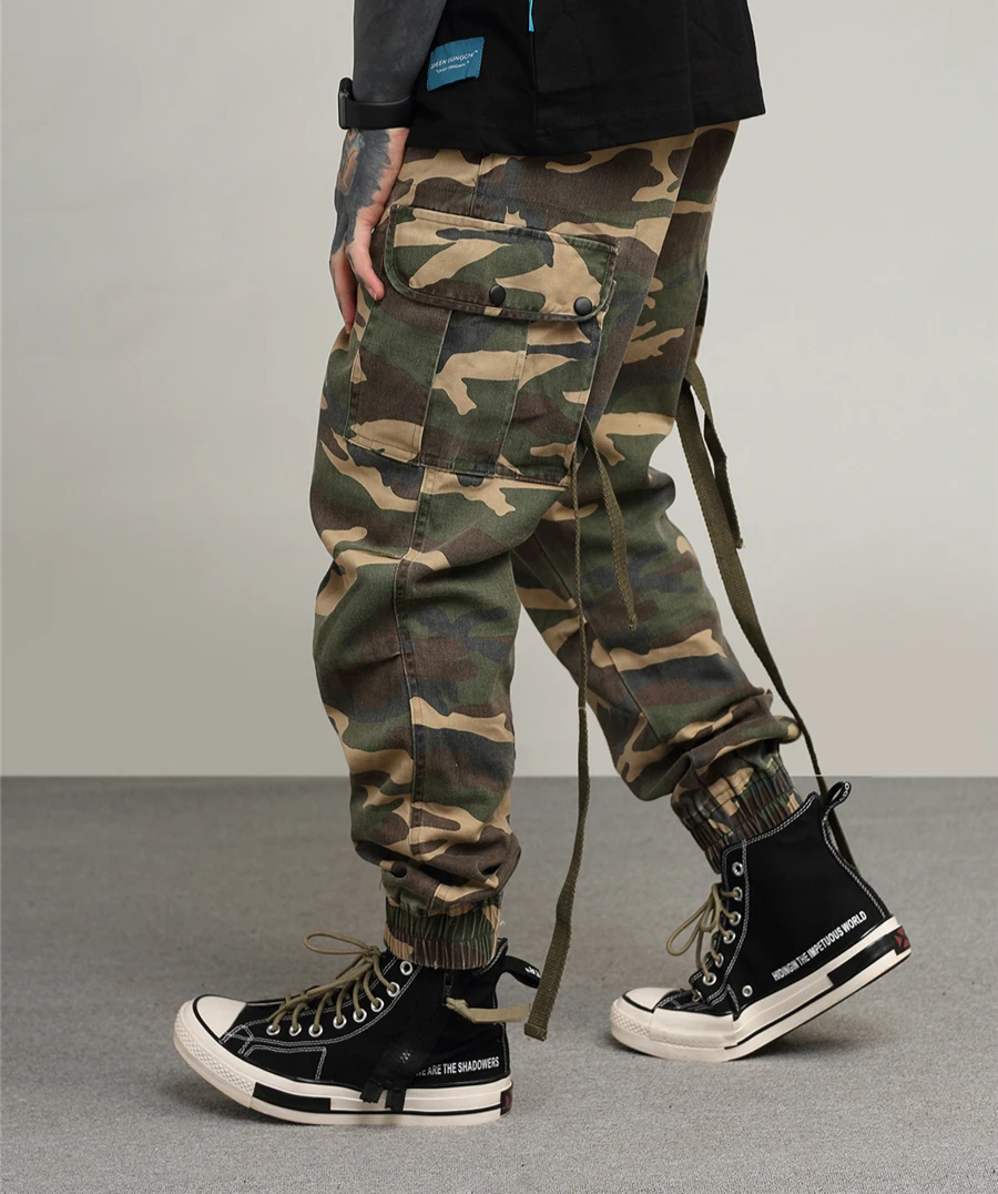 Military Detachable Ribbons Camo/Black Jogger Pants Harajuku Flap Pockets Ankle Length Cargo 