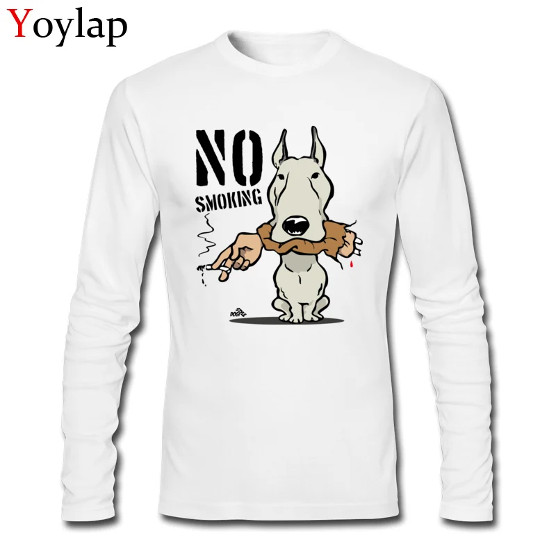 O Neck T Shirts Funny Fall Tops T Shirt Long Sleeve for Men Cheap Cotton Fabric No smoking cartoon dog Group Tee Shirt No smoking cartoon dog white