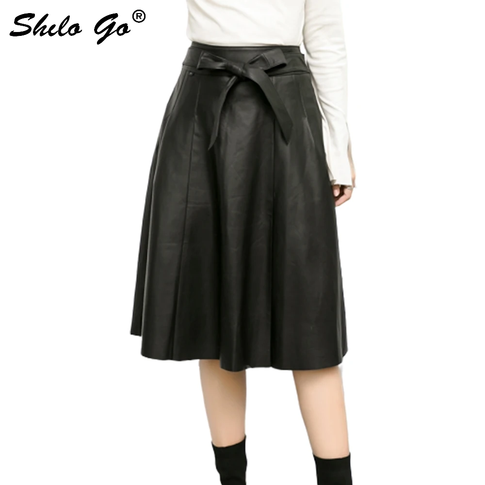 

Bow Belt Leather Skirts Women Spring High Waist A Line Sheepskin Genuine Leather Knee Skirts Elegant Zipper Female Pleated Skirt