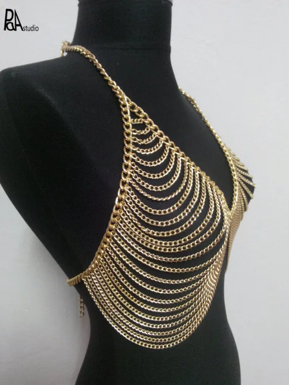 

Ballroom Costume Nightclub Bar Cosplay Sexy Metal Chain Halter Bustier Crop Top Open Hollow Out Chest Bralete Short Camisole Top