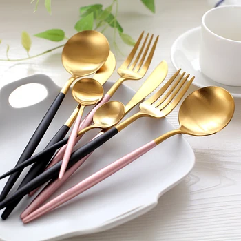 

24pcs KuBac Hommi New Top Quality Stainless Steel Steak Knife Fork Party Dinnerware Set Black Gold Pink Cutlery Set